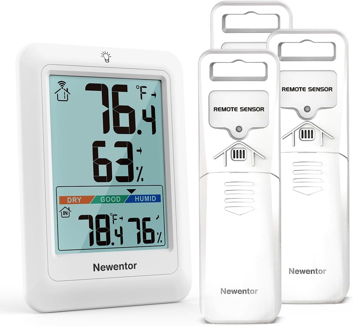 Newentor Indoor Outdoor Thermometer Wireless, Remote Temperature Monitor Hygrometer, Outside Inside Thermometers with Comfort Indicator, 4 Inch Screen, 328ft Range for Home Patio, Black with 1 Sensor