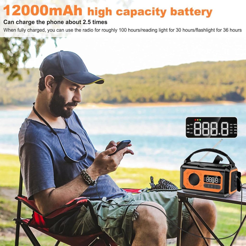 12000mAh Emergency Radio, Hand Crank Radio, Portable Solar Radio AM/FM/NOAA Weather Radio with 2 Solar Panels,3 Charging Methods,SOS Alarm,Flashlight,Phone Charger,Compass,Reading Lamp (Army Green)