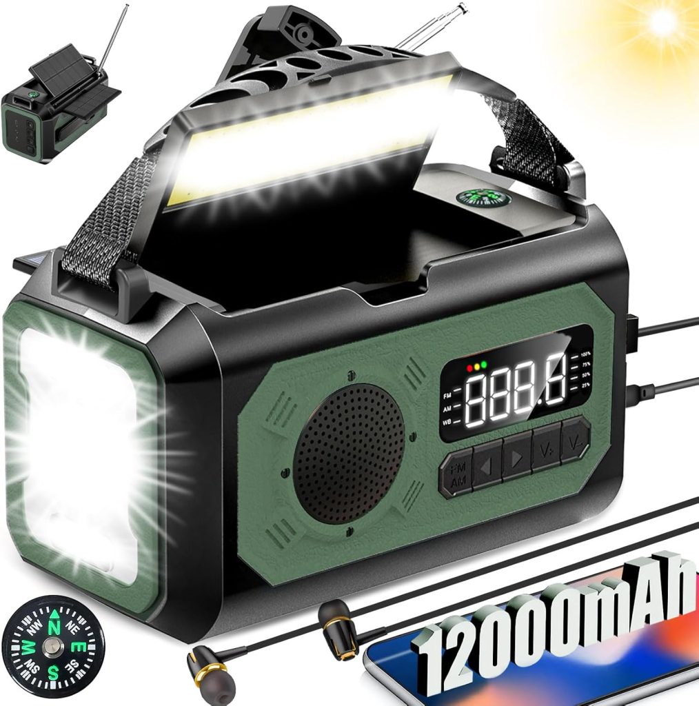 12000mAh Emergency Radio, Hand Crank Radio, Portable Solar Radio AM/FM/NOAA Weather Radio with 2 Solar Panels,3 Charging Methods,SOS Alarm,Flashlight,Phone Charger,Compass,Reading Lamp (Army Green)