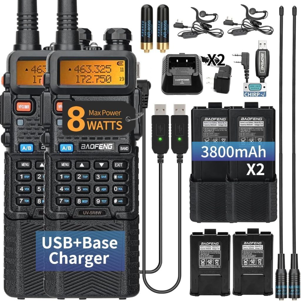 BAOFENG Radio UV-5R 8W Ham Radio Long Range UV5R Dual Band Handheld High Power 3800mAh Rechargeable Walkie Talkies Handheld Two Way Radio with Programming Cable and Earpiece for Survival Gear,2Pack