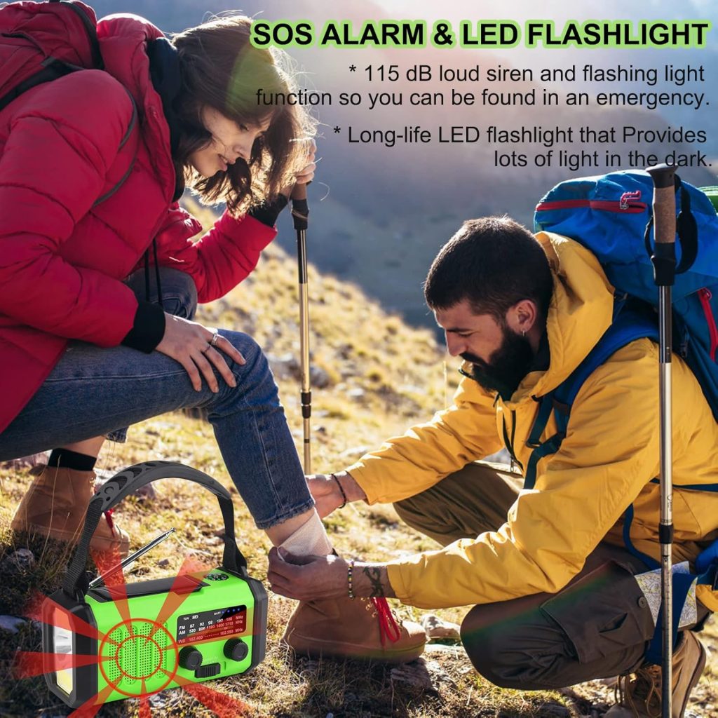 Weather Radio, 10000mAh Emergency Solar AM/FM/NOAA Radio, Rechargeable, Portable Hand Crank Dynamo Radio, with LED Torch, Reading Lamp, USB Phone Charger, SOS Alarm, for Outdoor Camping Hiking