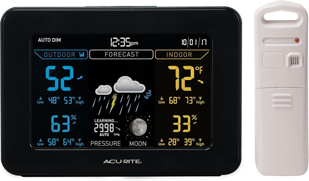 AcuRite 02027AIM Color Weather Station with High Low Temperature and Humidity with Moon Phase, Dark Themed , Black Display