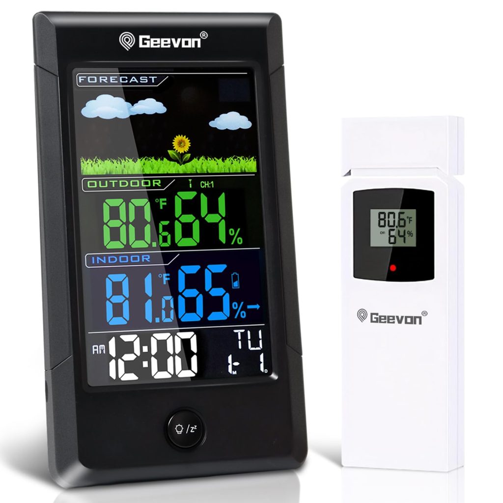 Geevon Weather Station Wireless Indoor Outdoor Thermometer, Color Display Digital Weather Thermometer with Backlight, Forecast Station with Calendar and Alarm Clock(238619-TX16-2)