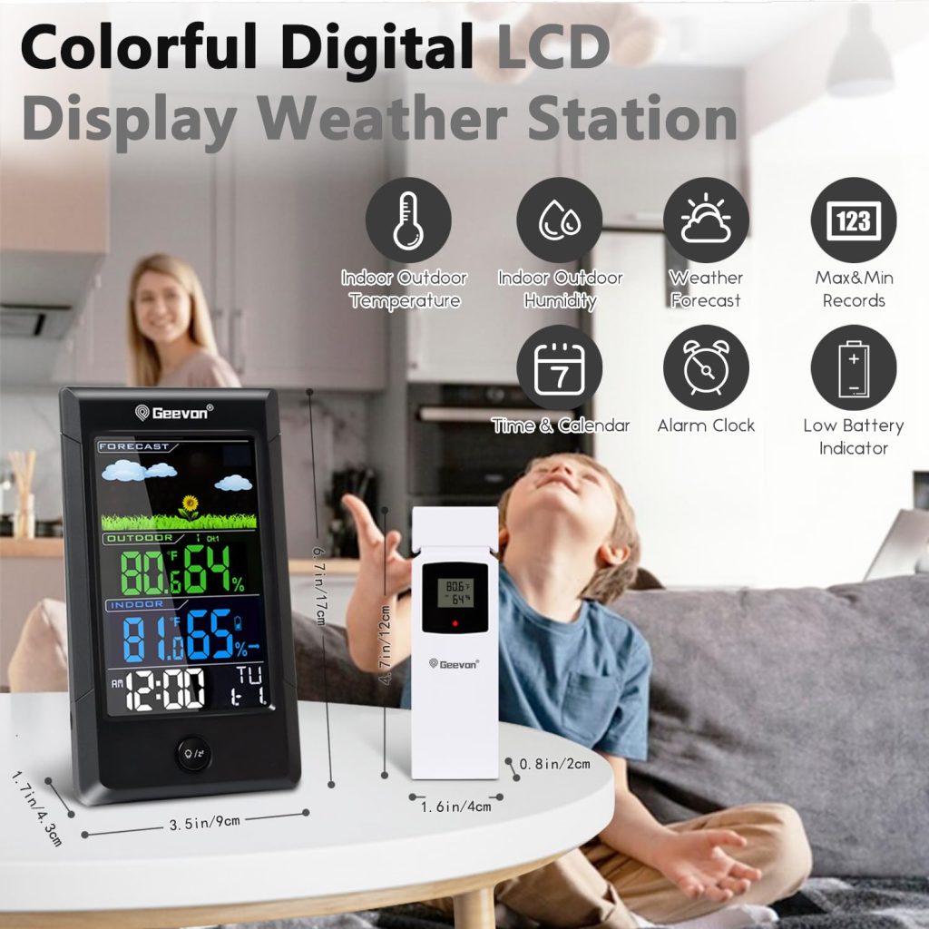 Geevon Weather Station Wireless Indoor Outdoor Thermometer, Color Display Digital Weather Thermometer with Backlight, Forecast Station with Calendar and Alarm Clock(238619-TX16-2)