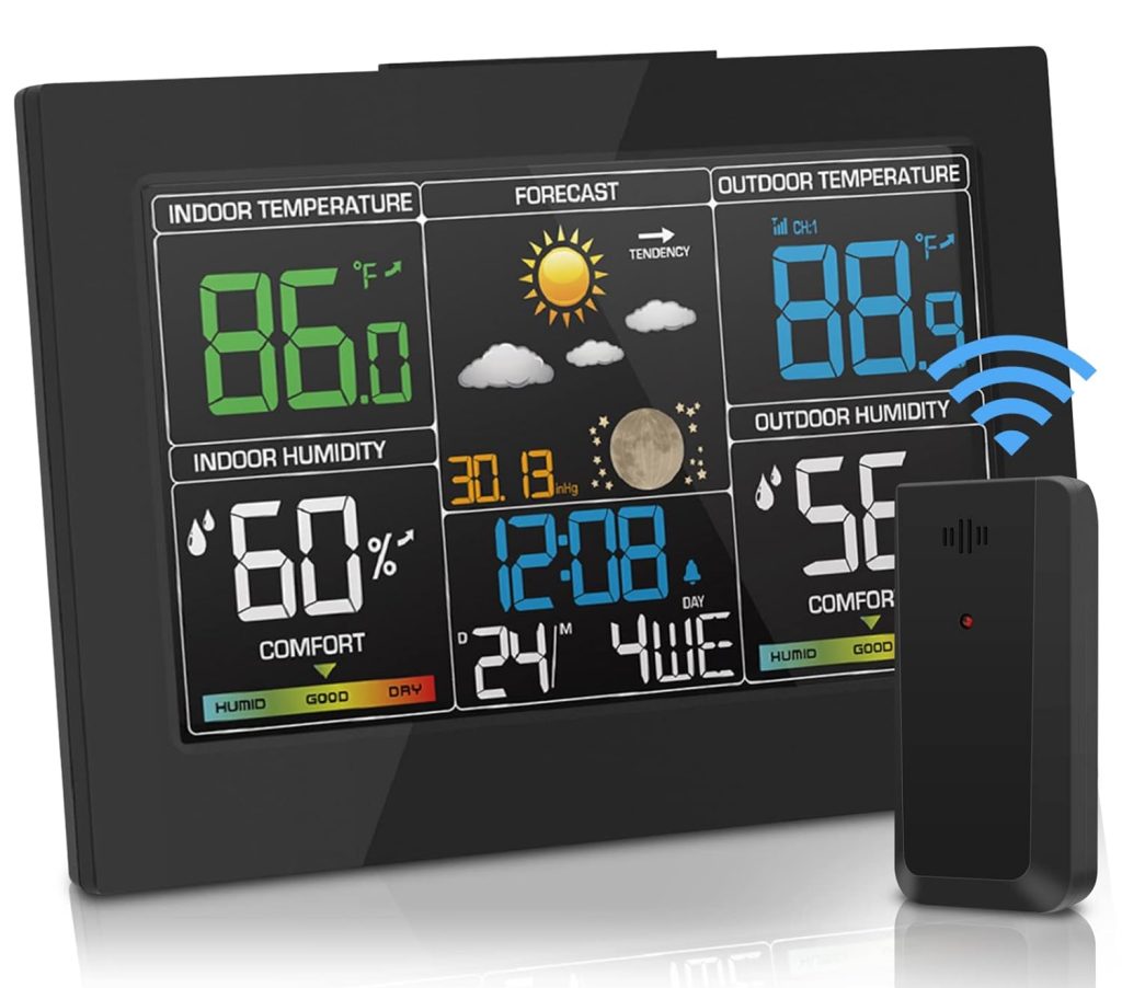 Geevon Weather Station Wireless Indoor Outdoor Thermometer, Color Large Display Weather Thermometer with Alert, Comfort Level, Barometric Pressure, Alarm Clock, Easy to Set and Tabletop Stand