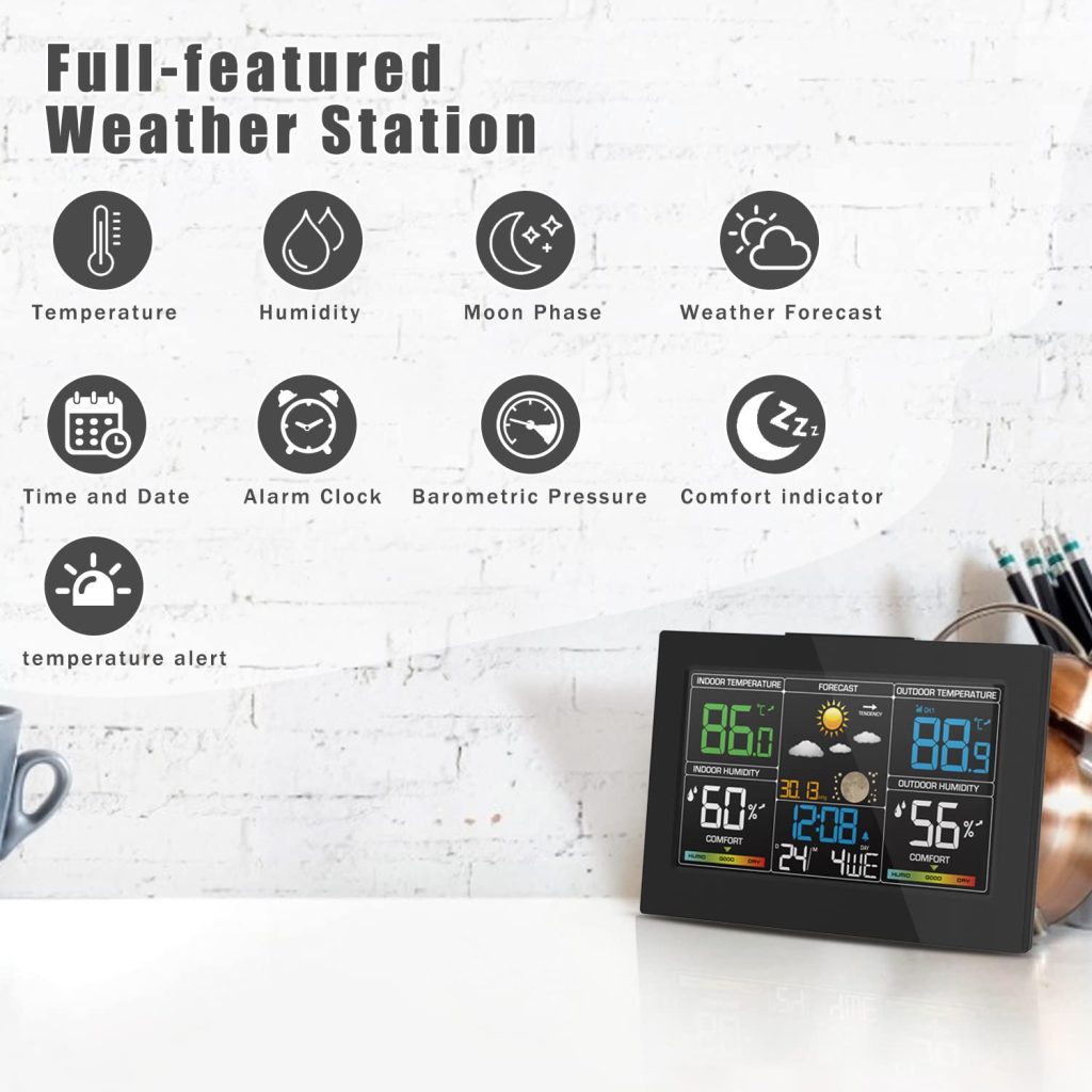 Geevon Weather Station Wireless Indoor Outdoor Thermometer, Color Large Display Weather Thermometer with Alert, Comfort Level, Barometric Pressure, Alarm Clock, Easy to Set and Tabletop Stand