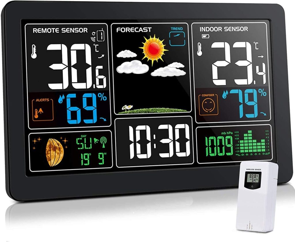 Kalawen Home Weather Stations Wireless Indoor Outdoor Thermometer, Portable Digital Weather Clock Atomic, Bluetooth Color Forecast Station Estacion Meteorologica Weather Monitor with Alarm Kalawen Home Weather Stations Wireless Indoor Outdoor Thermometer, Portable Digital Weather Clock Atomic, Bluetooth Color Forecast Station Estacion Meteorologica Weather Monitor with Alarm