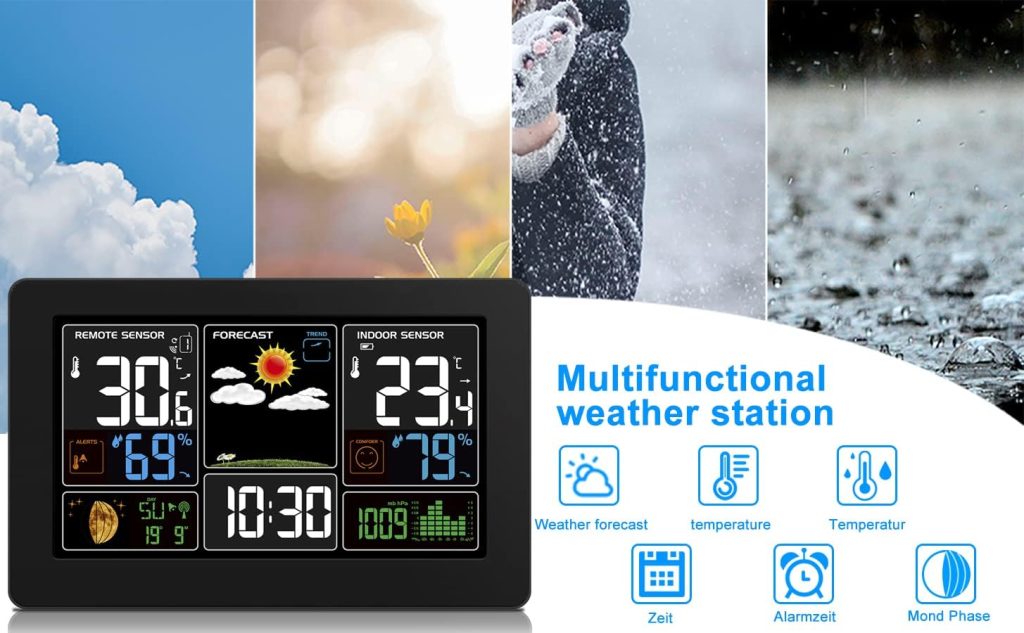 Kalawen Home Weather Stations Wireless Indoor Outdoor Thermometer, Portable Digital Weather Clock Atomic, Bluetooth Color Forecast Station Estacion Meteorologica Weather Monitor with Alarm Kalawen Home Weather Stations Wireless Indoor Outdoor Thermometer, Portable Digital Weather Clock Atomic, Bluetooth Color Forecast Station Estacion Meteorologica Weather Monitor with Alarm