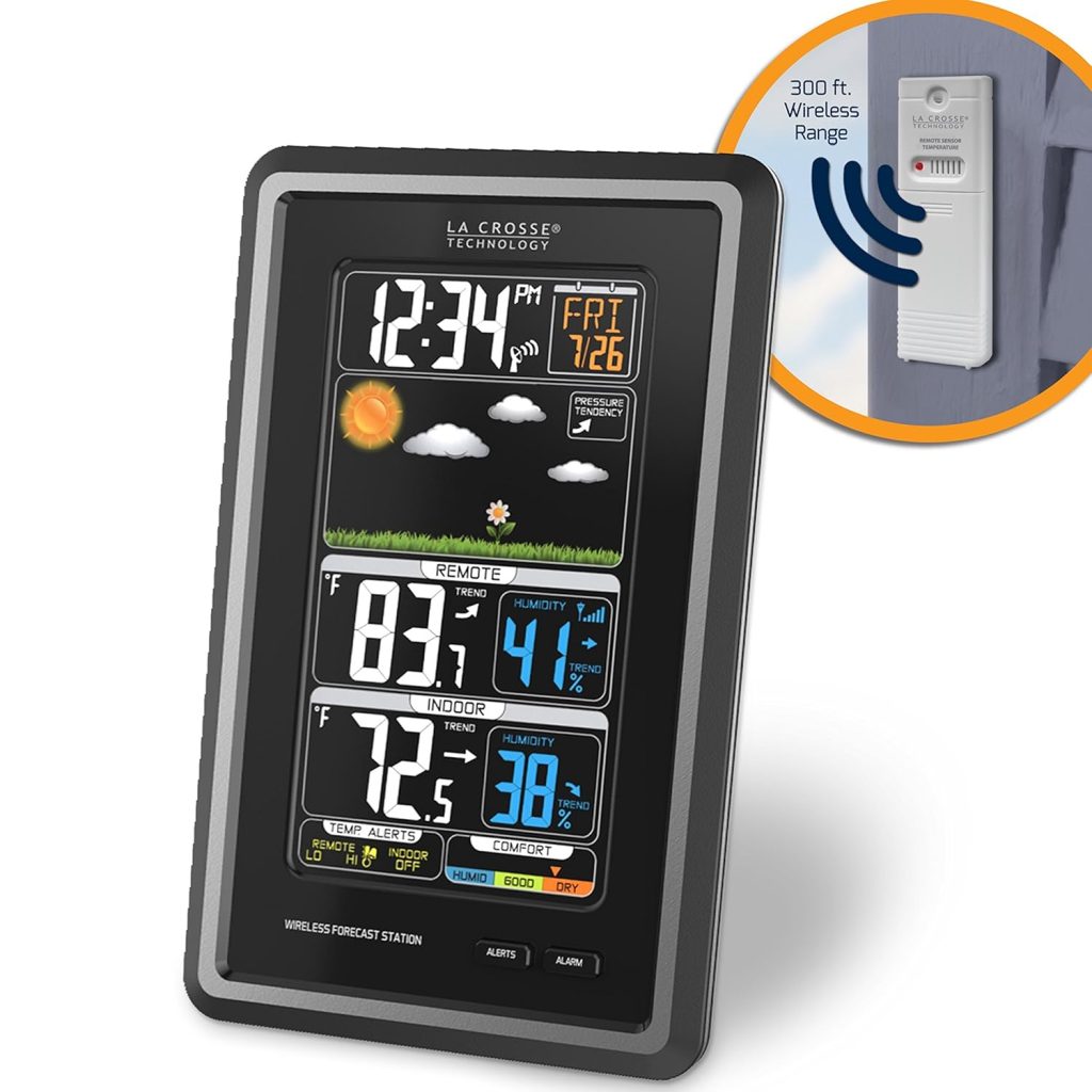 La Crosse Technology Wireless Color Weather Station - Real-time Backyard Weather, Humidity Comfort Meter, Animated Forecast, Temperature Alerts, Long Range Transmission (300 Feet)