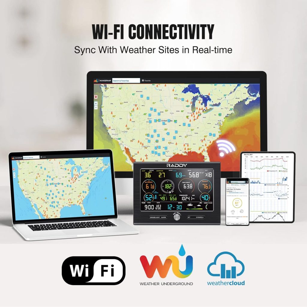 Raddy L7 LoRa Professional Weather Station 1.9 Miles Long Range, Wireless Wi-Fi Weather Station Outdoor Indoor with Rain Gauge, Wind Speed, Thermometer, Humidity for Backyard, Garden, Farm, Home