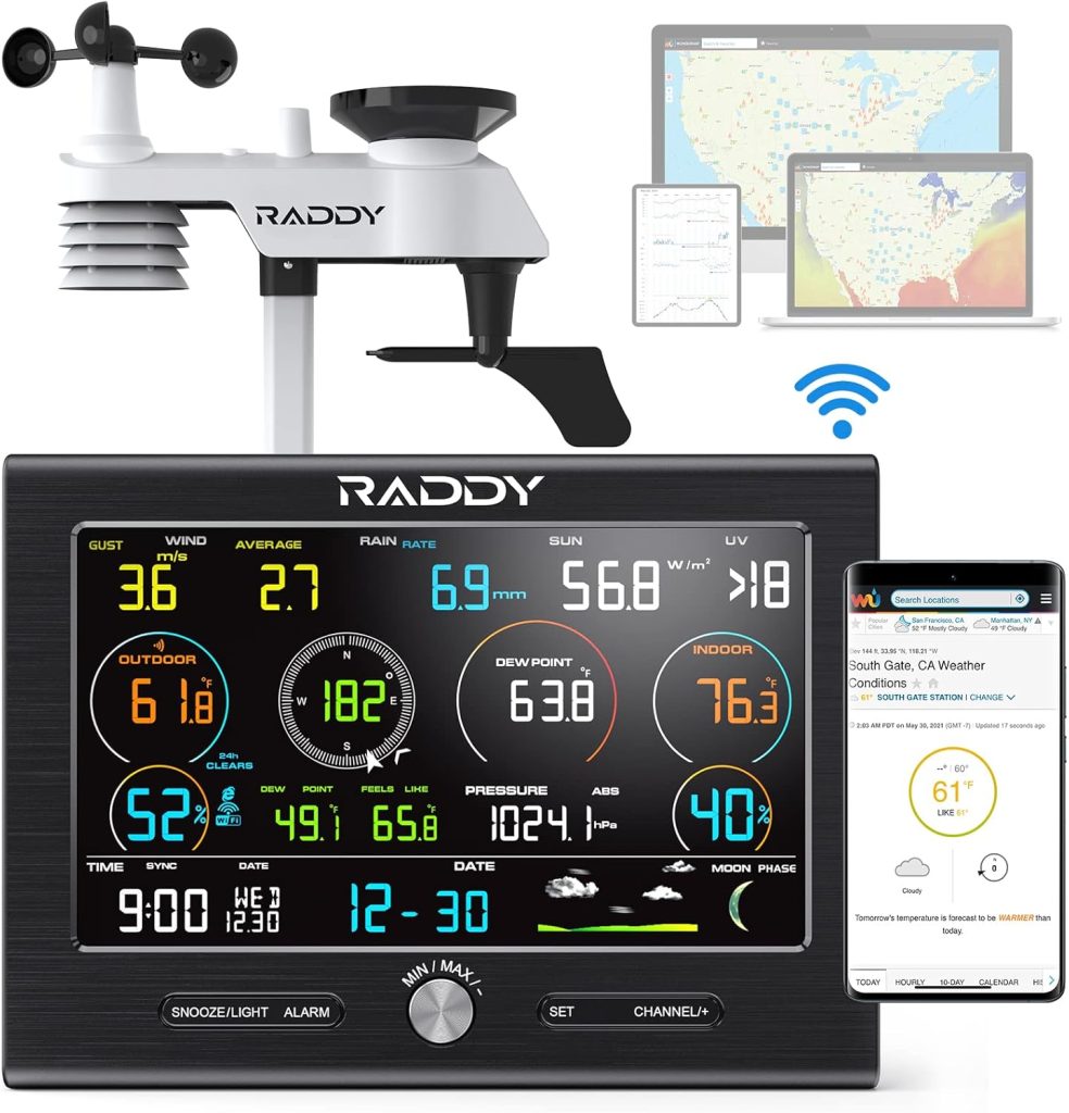 Raddy L7 LoRa Professional Weather Station 1.9 Miles Long Range, Wireless Wi-Fi Weather Station Outdoor Indoor with Rain Gauge, Wind Speed, Thermometer, Humidity for Backyard, Garden, Farm, Home