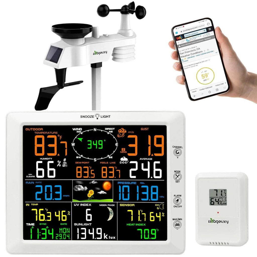Urageuxy 7-in-1 WiFi Weather Station with 8.3 inch Color Display – Wireless Outdoor Sensor Measures Rain Gauge, Wind Speed/Direction, Temperature, Humidity, UV, Forecasts, Barometer