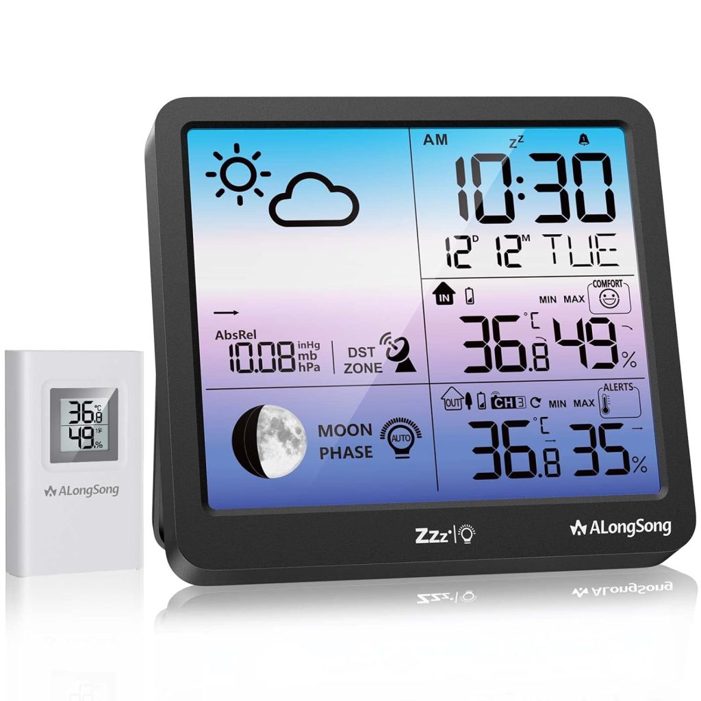 Weather Station Indoor Outdoor Thermometer Large LCD Display Digital Temperature Humidity Monitor, Weather Thermometer with Calendar and Automatic Light Sensing Function