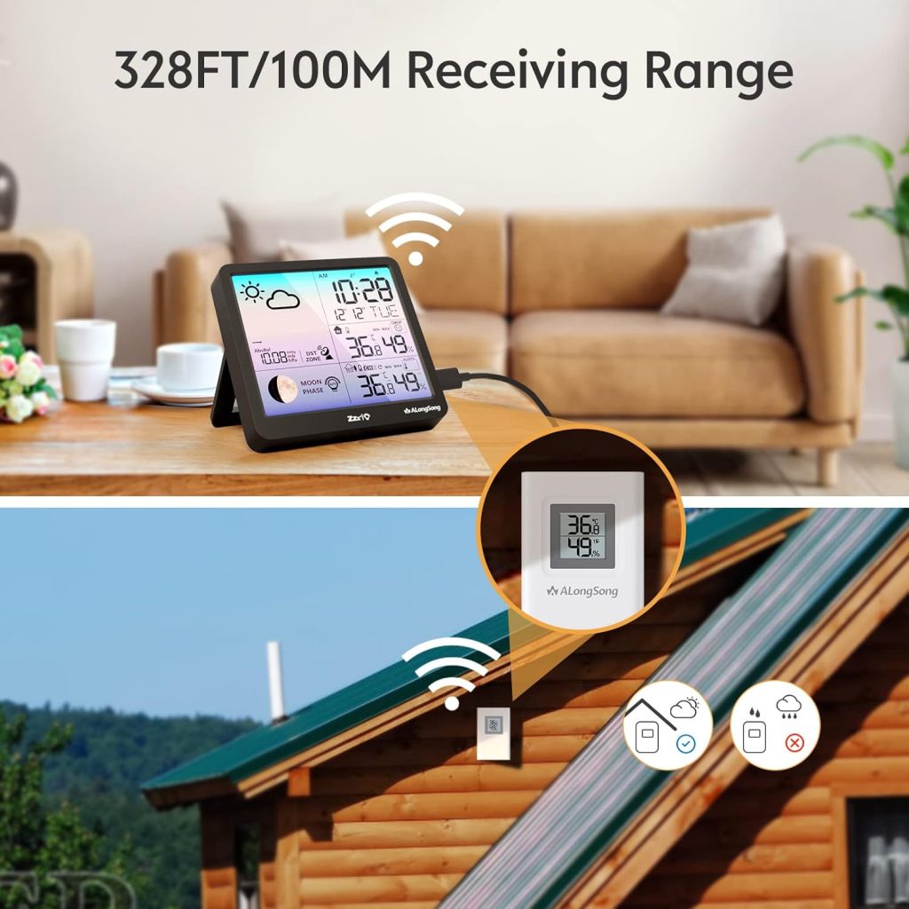Weather Station Indoor Outdoor Thermometer Large LCD Display Digital Temperature Humidity Monitor, Weather Thermometer with Calendar and Automatic Light Sensing Function