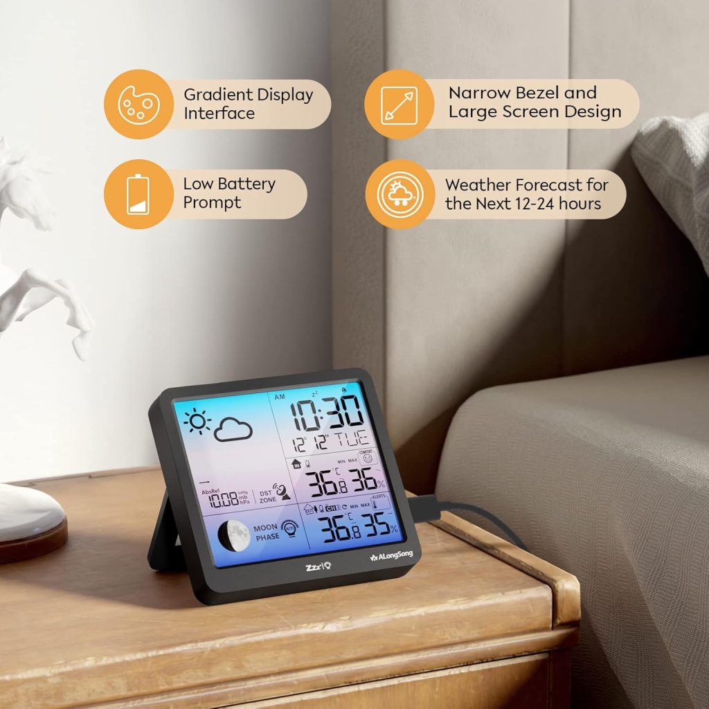 Weather Station Indoor Outdoor Thermometer Large LCD Display Digital Temperature Humidity Monitor, Weather Thermometer with Calendar and Automatic Light Sensing Function