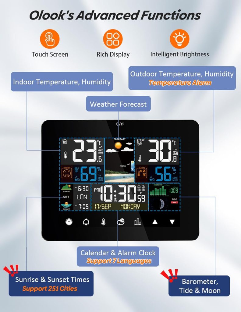 Weather Station Wireless Indoor Outdoor Thermometer, Color Display Temperature Humidity Monitor with Alert, Touchscreen Forecast Station with Sunrise Sunset Barometer Adjustable Backlight（WS01）