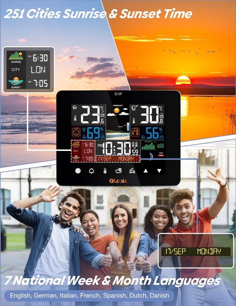 Weather Station Wireless Indoor Outdoor Thermometer, Color Display Temperature Humidity Monitor with Alert, Touchscreen Forecast Station with Sunrise Sunset Barometer Adjustable Backlight（WS01）
