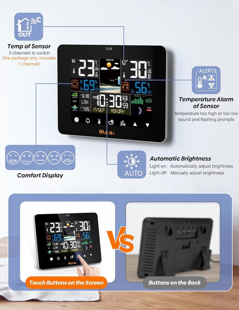 Weather Station Wireless Indoor Outdoor Thermometer, Color Display Temperature Humidity Monitor with Alert, Touchscreen Forecast Station with Sunrise Sunset Barometer Adjustable Backlight（WS01）