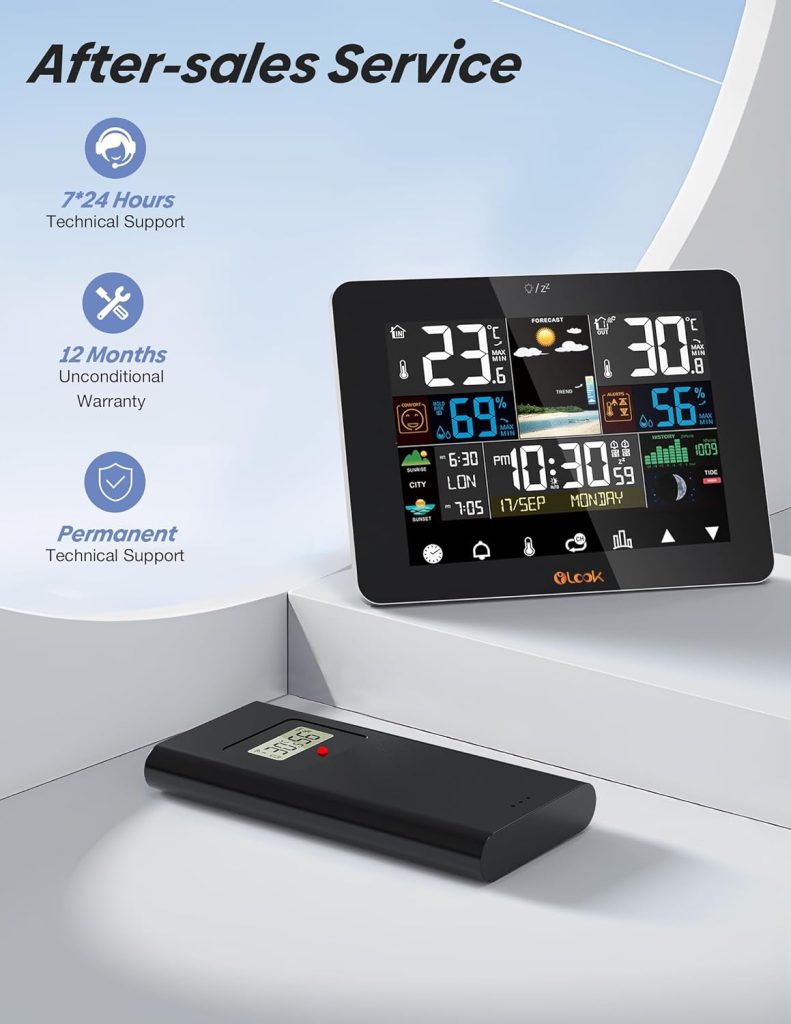 Weather Station Wireless Indoor Outdoor Thermometer, Color Display Temperature Humidity Monitor with Alert, Touchscreen Forecast Station with Sunrise Sunset Barometer Adjustable Backlight（WS01）