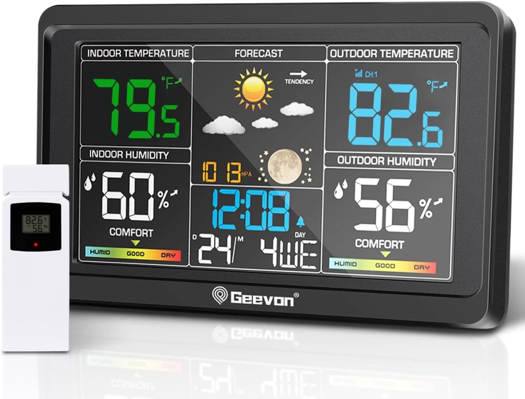 Geevon Weather Stations Wireless Indoor Outdoor Thermometer, Color VA Display Digital Weather Thermometer, Temperature Humidity Monitor with Barometer, Calendar, and Adjustable Backlight