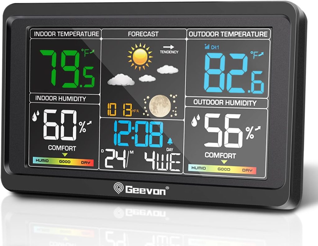Geevon Weather Stations Wireless Indoor Outdoor Thermometer, Color VA Display Digital Weather Thermometer, Temperature Humidity Monitor with Barometer, Calendar, and Adjustable Backlight