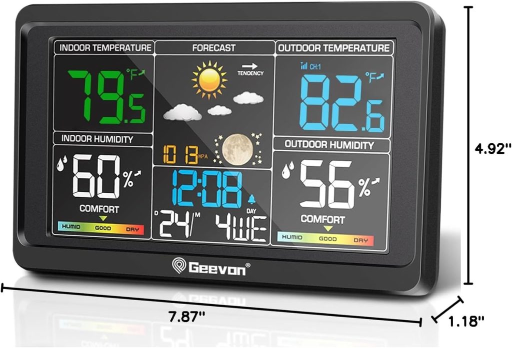 Geevon Weather Stations Wireless Indoor Outdoor Thermometer, Color VA Display Digital Weather Thermometer, Temperature Humidity Monitor with Barometer, Calendar, and Adjustable Backlight