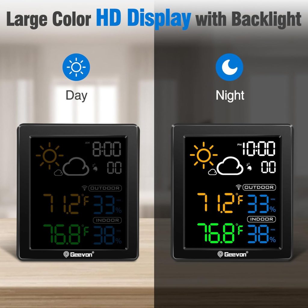 Geevon Indoor Outdoor Thermometer Wireless Weather Station with Color Display, Digital Hygrometer Temperature Humidity Monitor with Alarm Clock and Backlight Geevon Indoor Outdoor Thermometer Wireless Weather Station with Color Display, Digital Hygrometer Temperature Humidity Monitor with Alarm Clock and Backlight