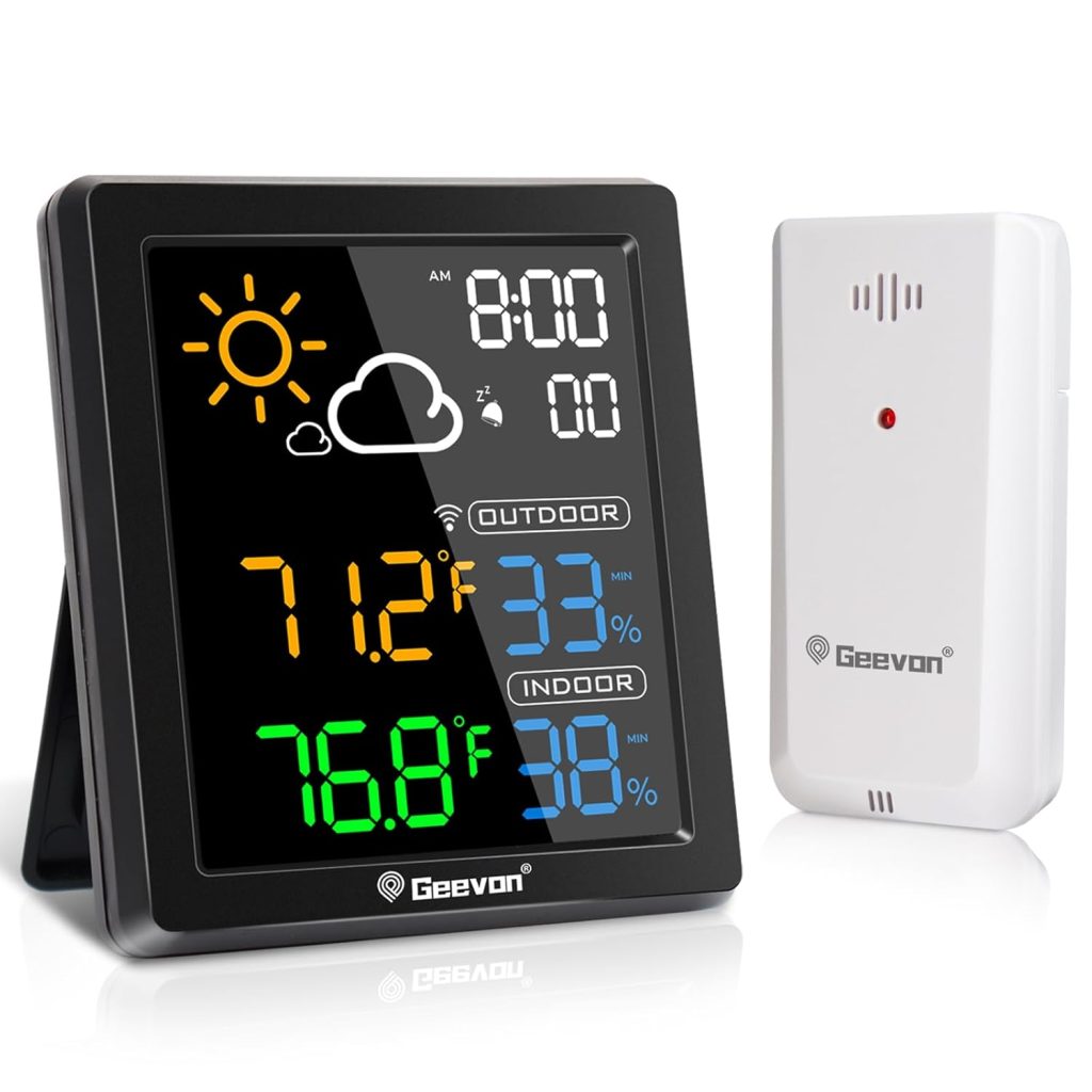 Geevon Indoor Outdoor Thermometer Wireless Weather Station with Color Display, Digital Hygrometer Temperature Humidity Monitor with Alarm Clock and Backlight Geevon Indoor Outdoor Thermometer Wireless Weather Station with Color Display, Digital Hygrometer Temperature Humidity Monitor with Alarm Clock and Backlight