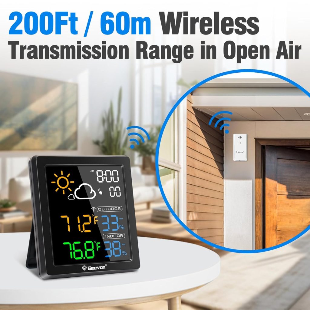 Geevon Indoor Outdoor Thermometer Wireless Weather Station with Color Display, Digital Hygrometer Temperature Humidity Monitor with Alarm Clock and Backlight Geevon Indoor Outdoor Thermometer Wireless Weather Station with Color Display, Digital Hygrometer Temperature Humidity Monitor with Alarm Clock and Backlight