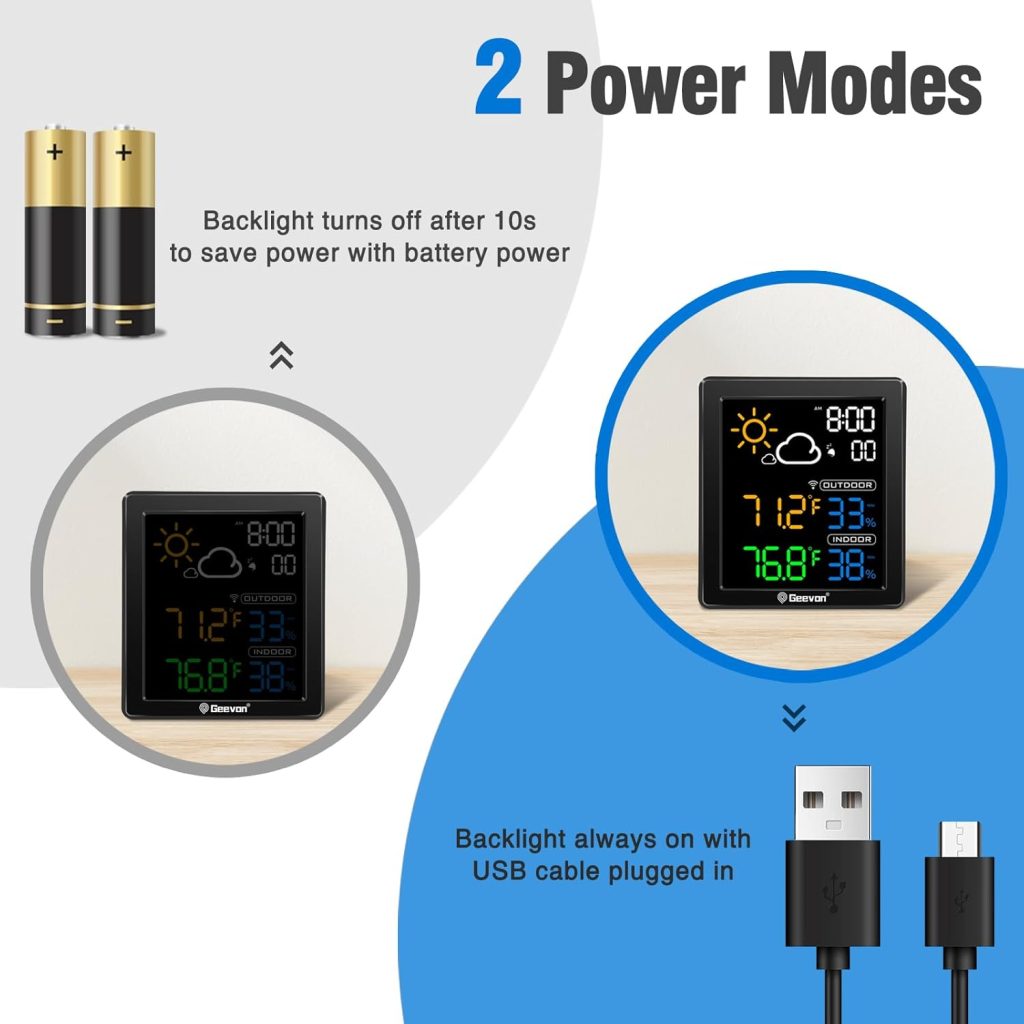 Geevon Indoor Outdoor Thermometer Wireless Weather Station with Color Display, Digital Hygrometer Temperature Humidity Monitor with Alarm Clock and Backlight Geevon Indoor Outdoor Thermometer Wireless Weather Station with Color Display, Digital Hygrometer Temperature Humidity Monitor with Alarm Clock and Backlight