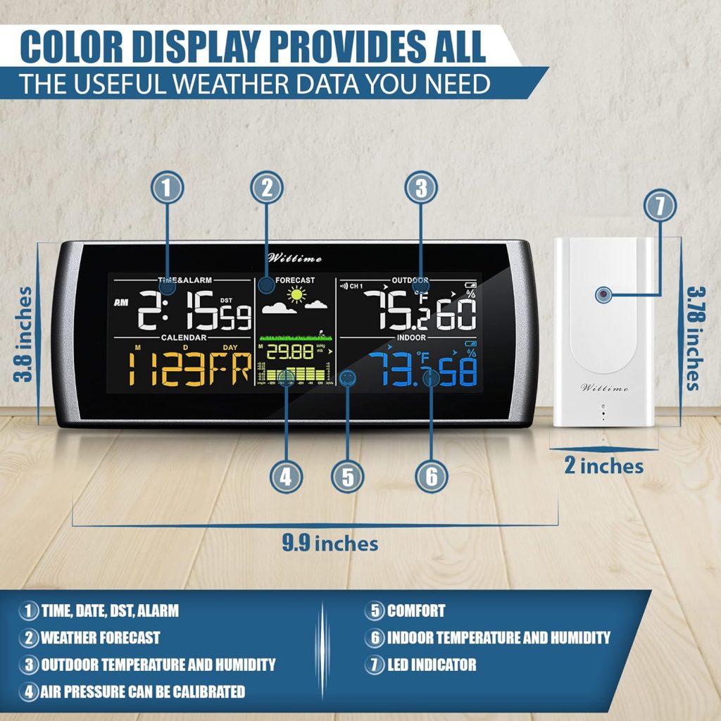 Wittime 2101 Weather Stations Wireless Indoor Outdoor Thermometer Temperature Humidity Monitor with 7.5 Large Adjustable HD Color Display and Outdoor Sensor Wittime 2101 Weather Stations Wireless Indoor Outdoor Thermometer Temperature Humidity Monitor with 7.5 Large Adjustable HD Color Display and Outdoor Sensor