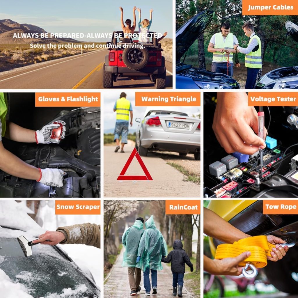 CYECTTR Car Roadside Emergency Kit,Auto Vehicle Truck Safety Emergency Road Side Assistance Kits with Jumper Cables,Safety Hammer,Reflective Warning Triangle,Tire Pressure Gauge,Tow Rope,etc CYECTTR Car Roadside Emergency Kit,Auto Vehicle Truck Safety Emergency Road Side Assistance Kits with Jumper Cables,Safety Hammer,Reflective Warning Triangle,Tire Pressure Gauge,Tow Rope,etc