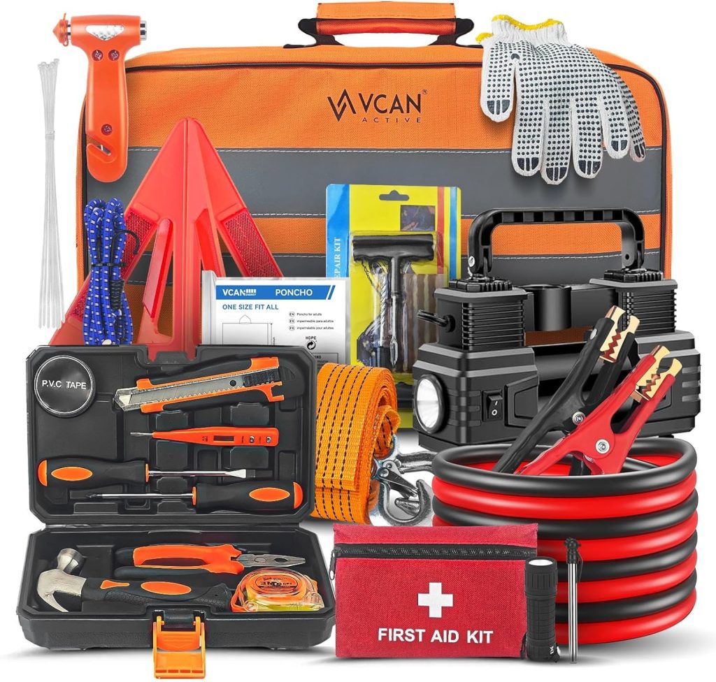 Car Emergency Kit with Portable Air Compressor, First Aid Kit, Jumper Cables, Roadside Safety Emergency Tool Kit for Women, Men, Teen Car Emergency Kit with Portable Air Compressor, First Aid Kit, Jumper Cables, Roadside Safety Emergency Tool Kit for Women, Men, Teen