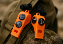 2 Pack Emergency Survival Whistle, 3-in-1 Emergency Whistles with Compass and Thermometer, Loud Safety Whistle with Lanyard for Outdoor Hiking