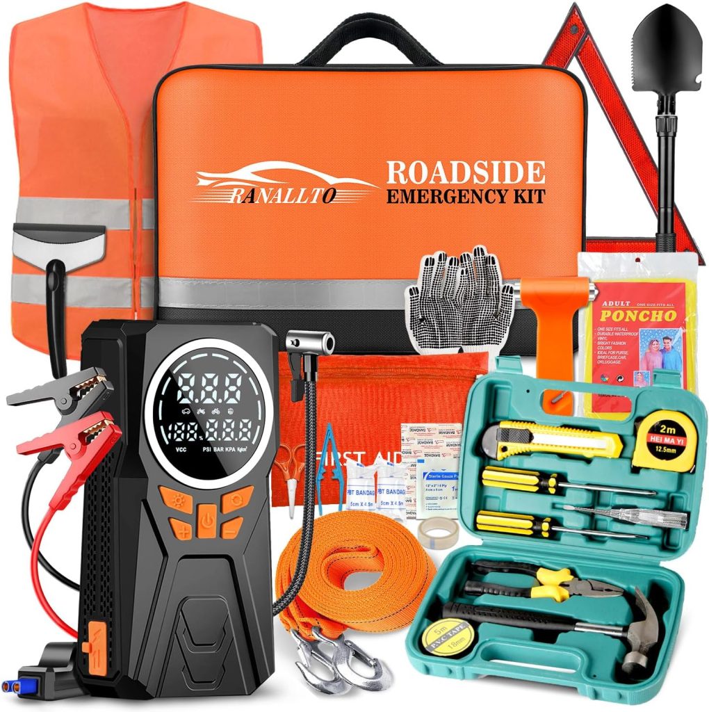 Car Emergency Kit with Jumper Starter and Air Compressor, Roadside Emergency Tool Kit for Truck Venicle Auto, Men Women Winter Travel Road Side Safety Essential Survival Bag with First Aid Kit Car Emergency Kit with Jumper Starter and Air Compressor, Roadside Emergency Tool Kit for Truck Venicle Auto, Men Women Winter Travel Road Side Safety Essential Survival Bag with First Aid Kit