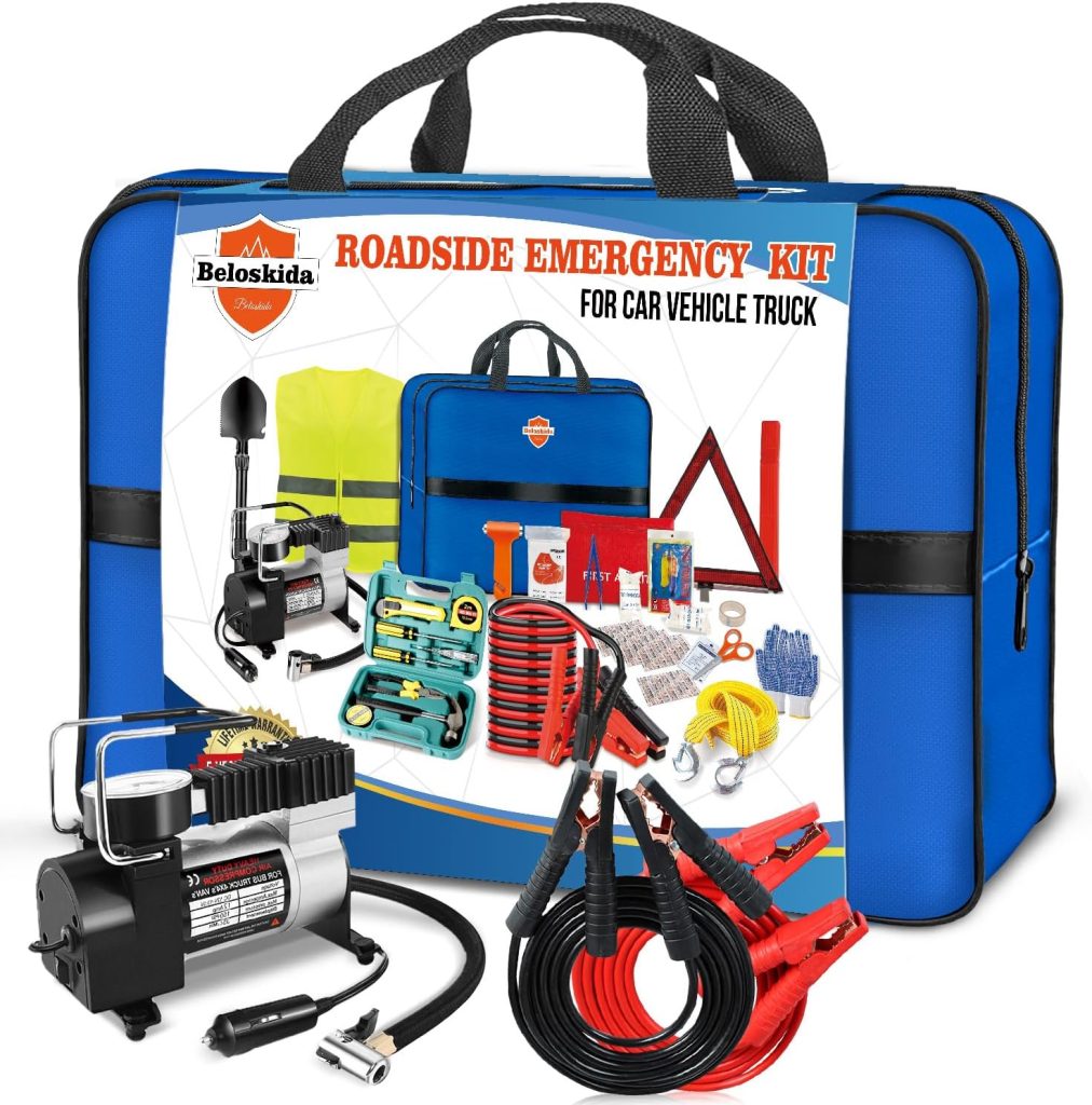 Emergency Car Kit,Roadside Emergency Tool Kit for Vehicle Truck with Air Compressor Jumper Cable First Aid Kit,Winter Auto Road Side Kit Women Men Car Travel Safety Assistance Survival Essentials Kit Emergency Car Kit,Roadside Emergency Tool Kit for Vehicle Truck with Air Compressor Jumper Cable First Aid Kit,Winter Auto Road Side Kit Women Men Car Travel Safety Assistance Survival Essentials Kit