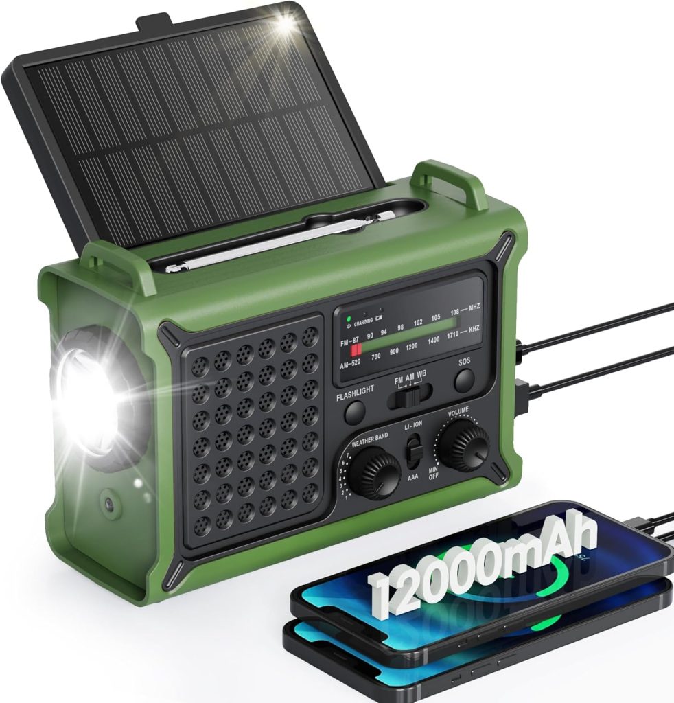 Emergency Weather Radio with Large Solar Panel, Efficient Hand Crank Real 12000mAh Battery | AM/FM/NOAA Bands, LED Flashlight, Reading Lamp, SOS Alarm Phone Charger for Camping Emergencies Emergency Weather Radio with Large Solar Panel, Efficient Hand Crank Real 12000mAh Battery | AM/FM/NOAA Bands, LED Flashlight, Reading Lamp, SOS Alarm Phone Charger for Camping Emergencies