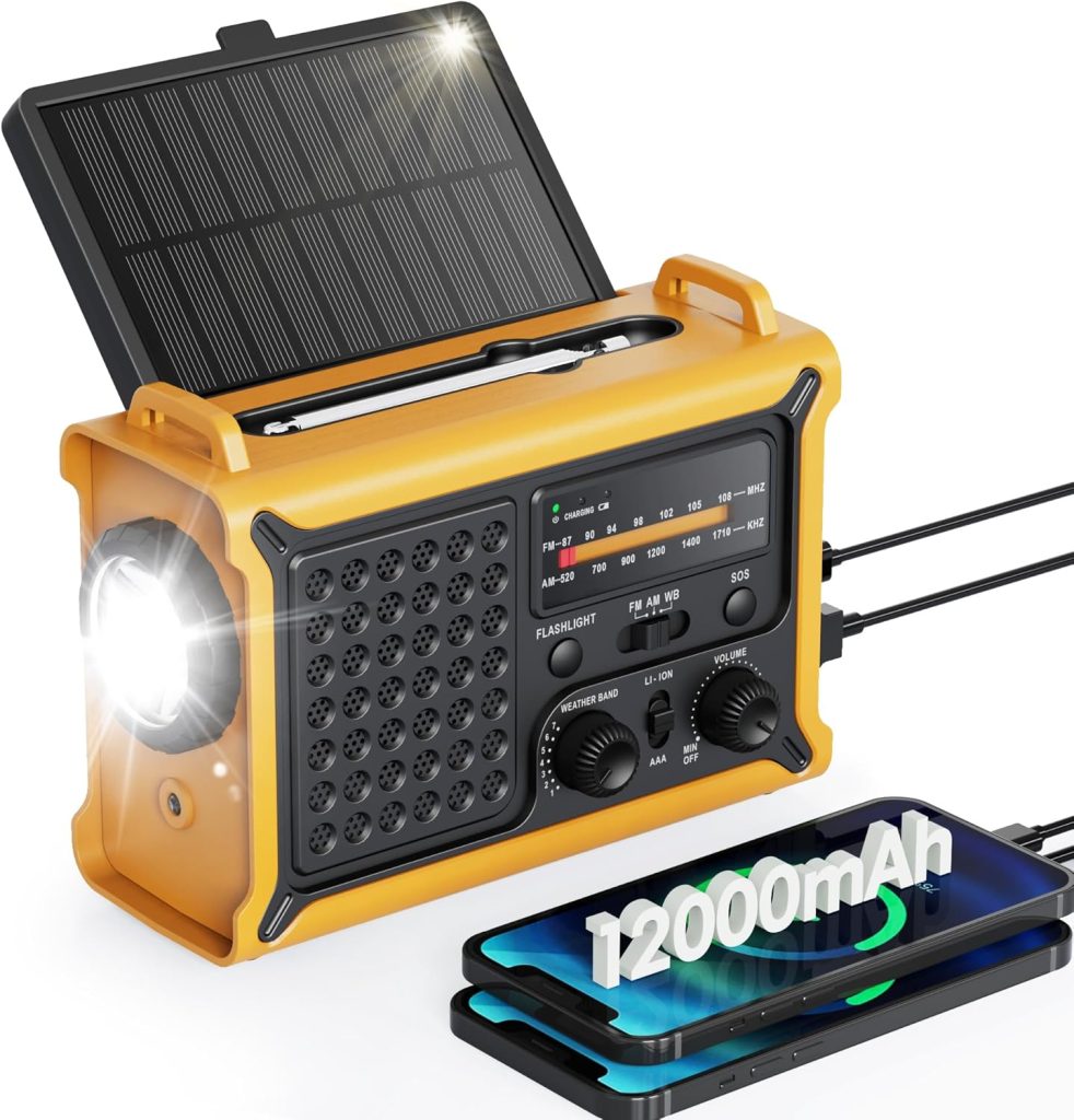 Emergency Weather Radio with Large Solar Panel, Efficient Hand Crank Real 12000mAh Battery | AM/FM/NOAA Bands, LED Flashlight, Reading Lamp, SOS Alarm Phone Charger for Camping Emergencies Emergency Weather Radio with Large Solar Panel, Efficient Hand Crank Real 12000mAh Battery | AM/FM/NOAA Bands, LED Flashlight, Reading Lamp, SOS Alarm Phone Charger for Camping Emergencies