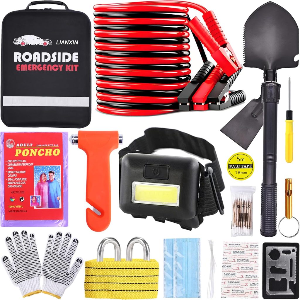 LIANXIN Emergency Car Kit - Premium Roadside Assistance Kit for Cars with Jumper Cables, Headlamp, Folding Shovel Tow Strap All-in-One Vehicle Safety Kits for Winter, Travel, Survival (Men Women) LIANXIN Emergency Car Kit - Premium Roadside Assistance Kit for Cars with Jumper Cables, Headlamp, Folding Shovel Tow Strap All-in-One Vehicle Safety Kits for Winter, Travel, Survival (Men Women)