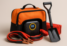 Car Emergency Safety Kit Bag with Digital Air Compressor,Jumper Cables,First Aid Kit, Winter Vehicle Roadside Safety Kit with Detachable Snow Shovel, for Women, Men, Teen