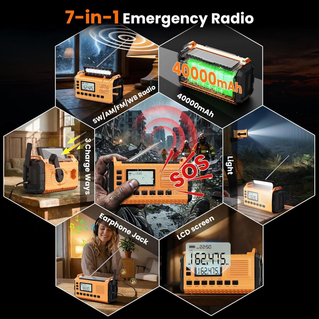 Emergency Weather Radio - AM/FM/NOAA Hand Crank Radio with 15W Fast Charge, 40000mAh Portable Solar Power Bank, Multi-Function Flashlight SOS Alarm for Outdoor Indoor Emergencies (Orange) Emergency Weather Radio - AM/FM/NOAA Hand Crank Radio with 15W Fast Charge, 40000mAh Portable Solar Power Bank, Multi-Function Flashlight SOS Alarm for Outdoor Indoor Emergencies (Orange)