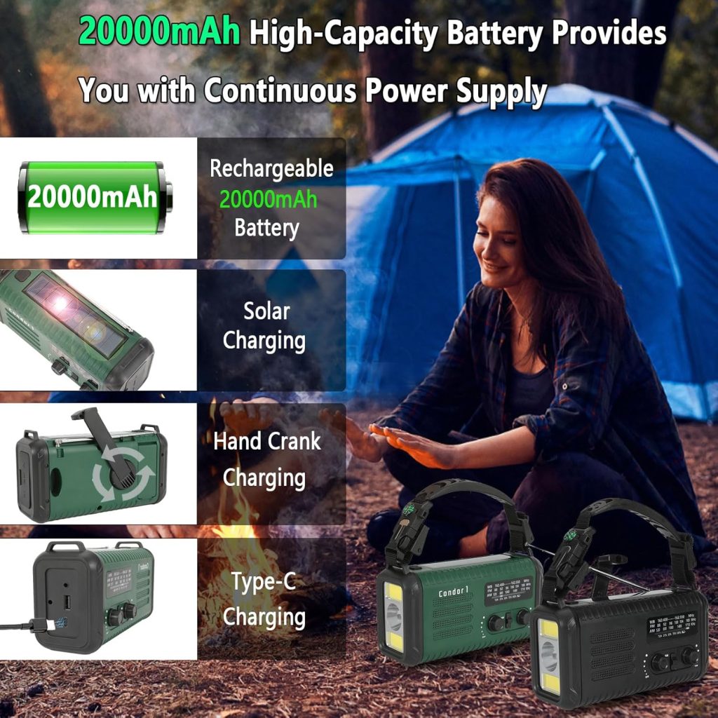 Emergency Weather Radio (Condor 1) NOAA/AM/FM with 74000mWh Portable Radio, USB-C/Solar/Hand Crank Charging, SOS Alarm, Flashlight, Reading Lamp Survival Handle Kit for Indoor/Outdoor Emergency Emergency Weather Radio (Condor 1) NOAA/AM/FM with 74000mWh Portable Radio, USB-C/Solar/Hand Crank Charging, SOS Alarm, Flashlight, Reading Lamp Survival Handle Kit for Indoor/Outdoor Emergency