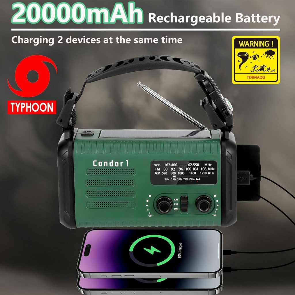 Emergency Weather Radio (Condor 1) NOAA/AM/FM with 74000mWh Portable Radio, USB-C/Solar/Hand Crank Charging, SOS Alarm, Flashlight, Reading Lamp Survival Handle Kit for Indoor/Outdoor Emergency Emergency Weather Radio (Condor 1) NOAA/AM/FM with 74000mWh Portable Radio, USB-C/Solar/Hand Crank Charging, SOS Alarm, Flashlight, Reading Lamp Survival Handle Kit for Indoor/Outdoor Emergency