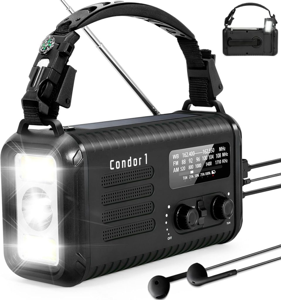 Emergency Weather Radio (Condor 1) NOAA/AM/FM with 74000mWh Portable Radio, USB-C/Solar/Hand Crank Charging, SOS Alarm, Flashlight, Reading Lamp Survival Handle Kit for Indoor/Outdoor Emergency Emergency Weather Radio (Condor 1) NOAA/AM/FM with 74000mWh Portable Radio, USB-C/Solar/Hand Crank Charging, SOS Alarm, Flashlight, Reading Lamp Survival Handle Kit for Indoor/Outdoor Emergency