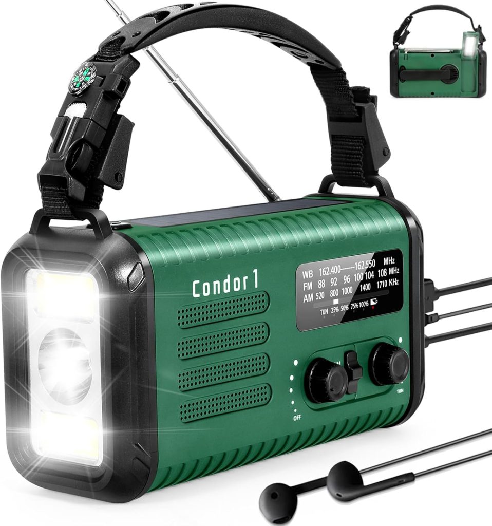 Emergency Weather Radio (Condor 1) NOAA/AM/FM with 74000mWh Portable Radio, USB-C/Solar/Hand Crank Charging, SOS Alarm, Flashlight, Reading Lamp Survival Handle Kit for Indoor/Outdoor Emergency Emergency Weather Radio (Condor 1) NOAA/AM/FM with 74000mWh Portable Radio, USB-C/Solar/Hand Crank Charging, SOS Alarm, Flashlight, Reading Lamp Survival Handle Kit for Indoor/Outdoor Emergency