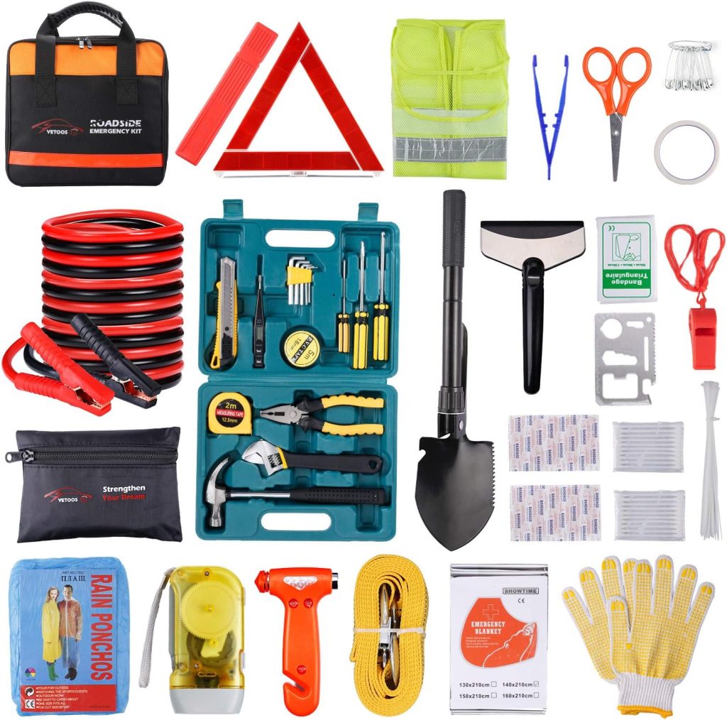 Vetoos Car Roadside Emergency Kit with Jumper Cables, Auto Vehicle Safety Road Side Assistance Kits, Winter Car Kit Essentials for Women and Men, with Car Repair Tool Set, Folding Survival Shovel Vetoos Car Roadside Emergency Kit with Jumper Cables, Auto Vehicle Safety Road Side Assistance Kits, Winter Car Kit Essentials for Women and Men, with Car Repair Tool Set, Folding Survival Shovel
