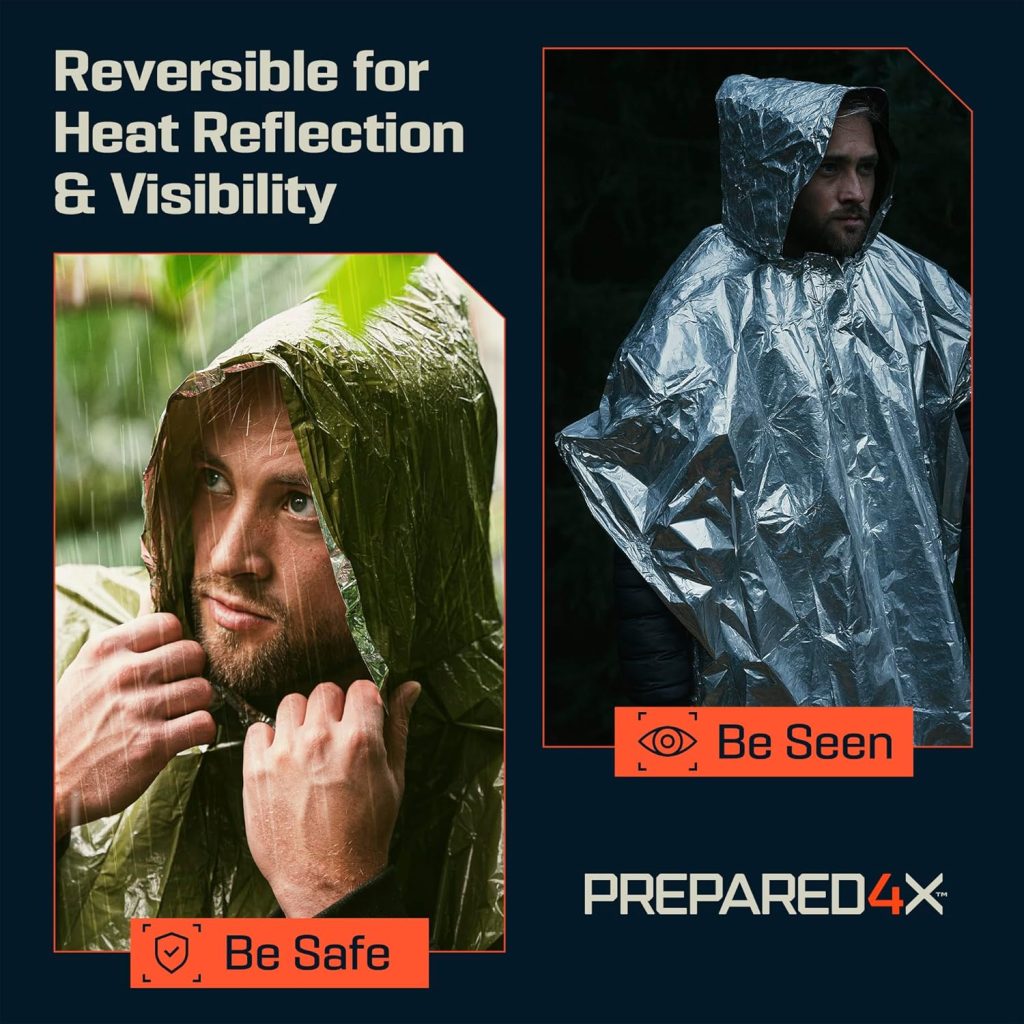 PREPARED4X Emergency Mylar Poncho – Survival Rain Poncho with Hood – Lightweight, Compact, Reusable Emergency Blanket Poncho for Hiking, Camping, Thermal Gear, Car Kit, Outdoors PREPARED4X Emergency Mylar Poncho – Survival Rain Poncho with Hood – Lightweight, Compact, Reusable Emergency Blanket Poncho for Hiking, Camping, Thermal Gear, Car Kit, Outdoors