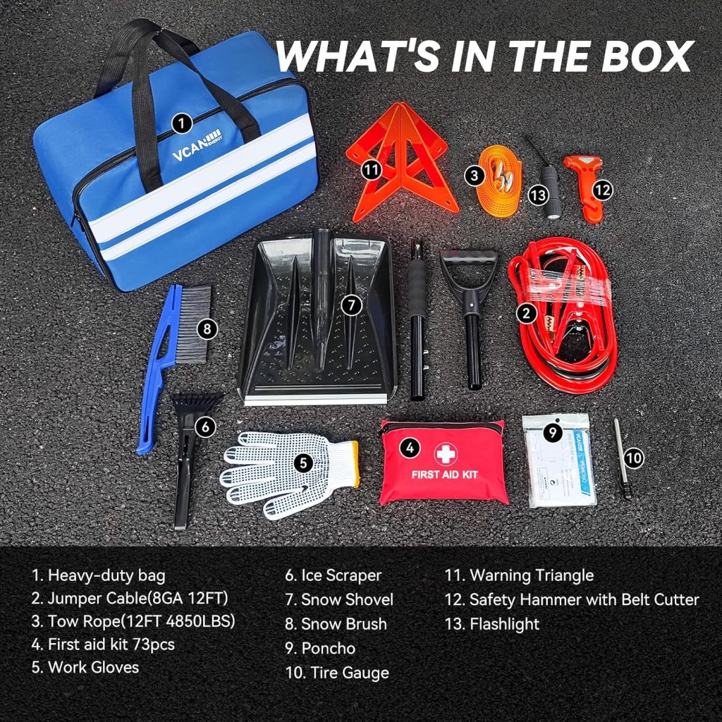 VCANENERGY Car Emergency Kit with Jumper Cable, First Aid Kit, Winter Travel Assistance with Detachable Snow Shovel, Safety Emergency Kit for Cars, Trucks VCANENERGY Car Emergency Kit with Jumper Cable, First Aid Kit, Winter Travel Assistance with Detachable Snow Shovel, Safety Emergency Kit for Cars, Trucks