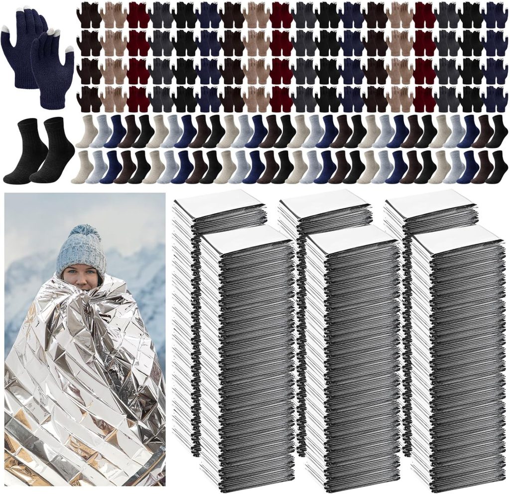 180 Pcs Bulk Emergency Blankets Winter Socks Gloves, Classic Colors review | Vanessa Davison 180 Pcs Bulk Emergency Blankets Winter Socks Gloves, Classic Colors