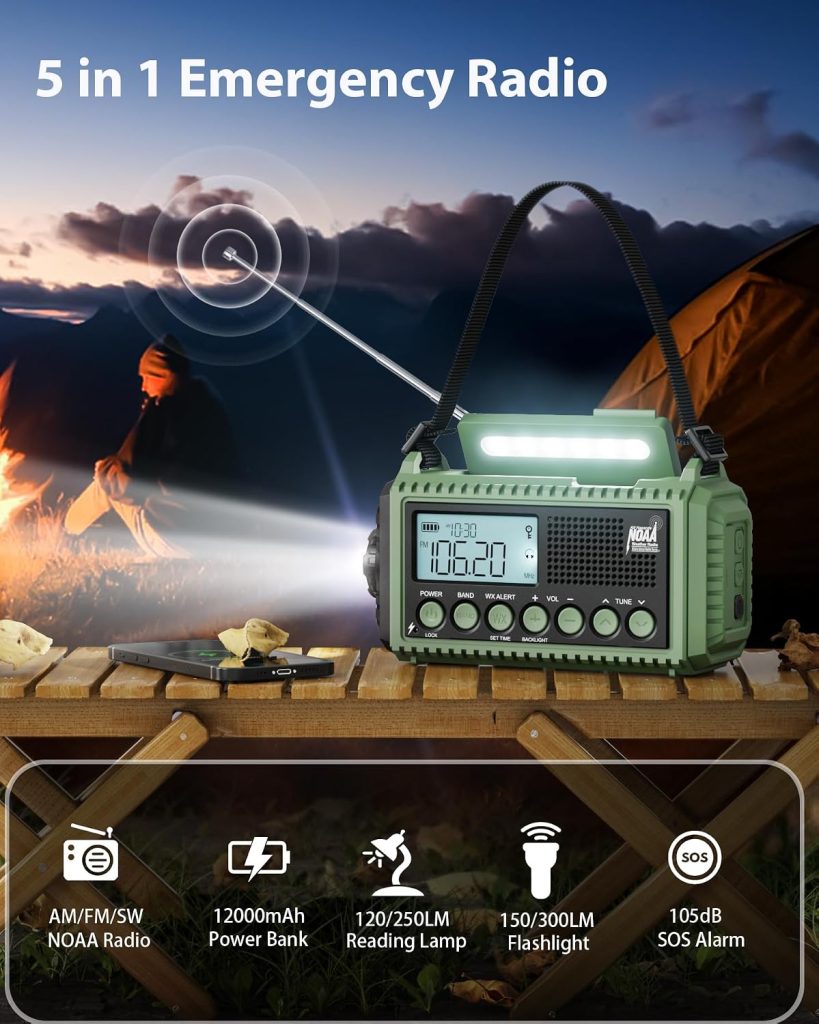 Emergency Weather Radio, Hand Crank 12000mAh Battery Powered Auto Alert NOAA Radio,130H Runtime, LCD Digital Display, SOS, Flashlight,Phone Charger, Solar Portable AM/FM/SW Radio for Emergency/Outdoor review | Vanessa Davison Emergency Weather Radio, Hand Crank 12000mAh Battery Powered Auto Alert NOAA Radio,130H Runtime, LCD Digital Display, SOS